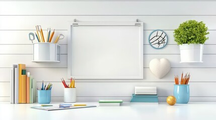 Bright elementary classroom wall with bulletin board, student art, and learning materials displayed on white background."