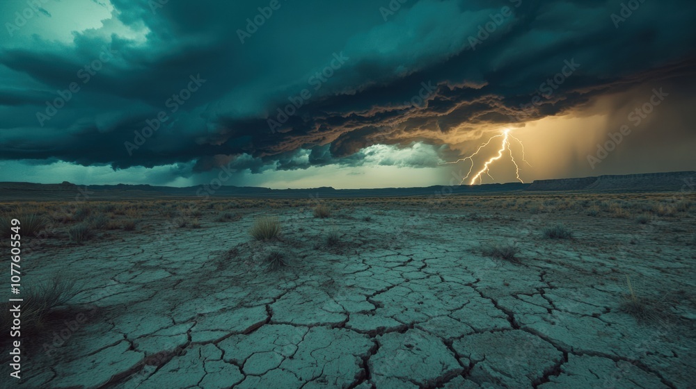 Poster dark clouds loom over an arid desert, with visible cracks in the ground as lightning illuminates the