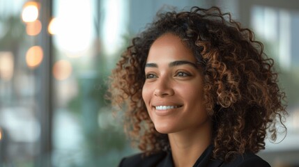 Close-up portrait of a beautiful smiling Hispanic businesswoman in modern office with cityscape view