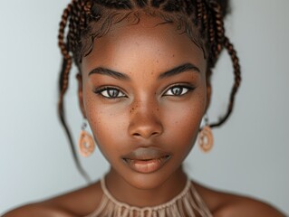 beautiful african american woman with cornrows braided hair elegant dress perfect makeup isolated on white background