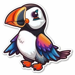 Obraz premium Colorful Cartoon Puffin Sticker Illustration with Vibrant Feathers and on White Background