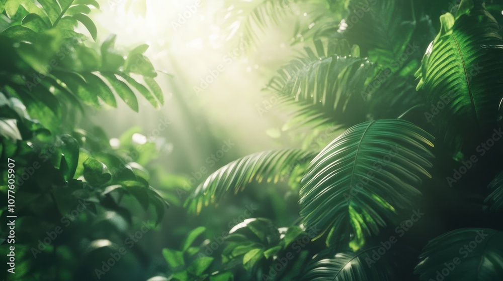 Aufkleber sunlight filters through dense tropical leaves, illuminating the vibrant greenery in a serene mornin