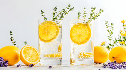 Fototapeta premium Refreshing Lemon and Thyme Soda, sparkling water, lemonade, drink, beverage, refreshment