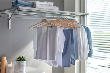 close up Freshly laundered clothes hanging on a drying rack in natural light