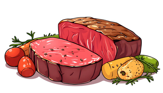 Succulent fillet steak and roast vegetables isolated with white highlights, png