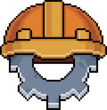 Pixel art of hard hat with gear in 8 bit style on white background, safety helmet