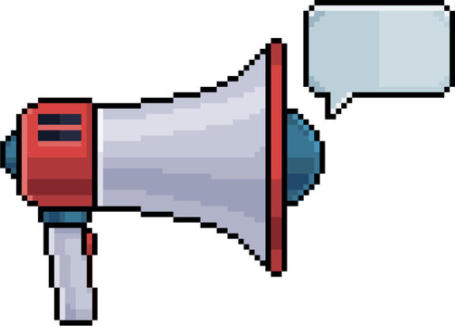 Pixel art megaphone with speech bubble in 8 bit style on white background