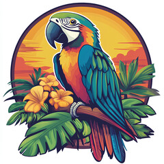 Fototapeta premium Colorful Macaw Parrot Tropical Sunset Illustration