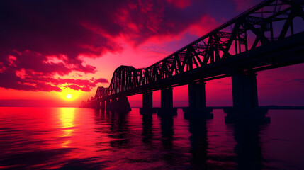 Fototapeta premium Bridge Silhouette at Sunset, water, sky, clouds, red, pink