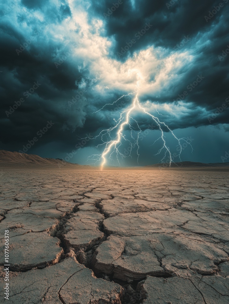 Aufkleber dark storm clouds gather over a parched desert, with vivid lightning striking down, creating a strik