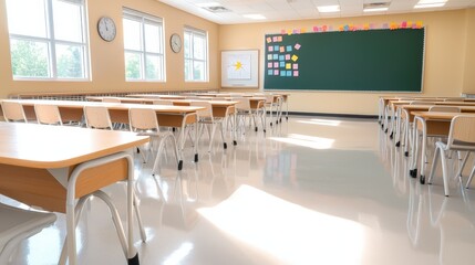 Empty high school classroom with a bright atmosphere, orderly rows of desks, and a welcoming setup with a large chalkboard at the front.