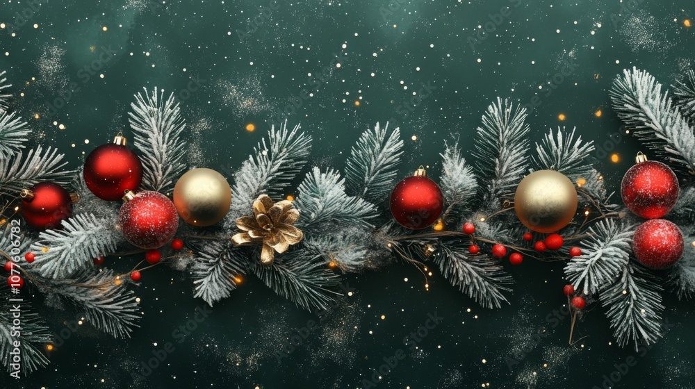 Aufkleber a vibrant mix of red and gold ornaments with frosted pine branches and berries creates a joyful ambi