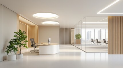 Fototapeta premium A spacious office interior with modern lighting, glass walls, and neutral tones for a clean and efficient workspace.