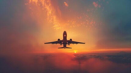 Airplane Taking Off at Sunset Over the Clouds