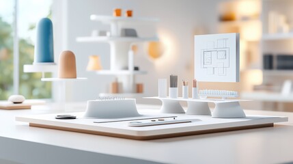 A clean, minimal architecture portfolio displayed on a table, featuring architectural drawings, rendered 3D images, and interior design projects.