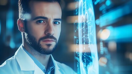 Doctor carefully examining lung scan results, focusing on patient's health and medical diagnosis. Professional dedication and attention to detail in healthcare.