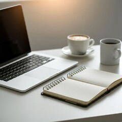Fototapeta premium Modern workspace with a laptop, coffee, and notebook on a clean desk
