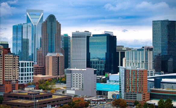 Aerial View of Charlottes Modern Skyline Set Against Dark, Dramatic Cloudy Skies Above - CHARLOTTE, NC - OCTOBER 27, 2024