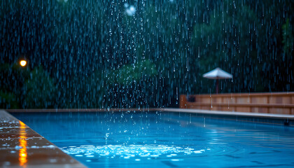 Rainy weather, raindrops fall into the swimming pool isolated with white highlights, png