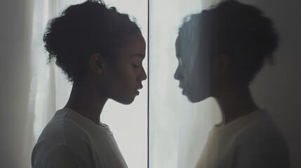 A person standing in front of a mirror, gazing thoughtfully at their reflection with a strong, introspective expression. The simple, minimalist surroundings in neutral tones with soft lighting 