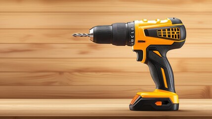 A close-up shot of a set of common handyman tools like a drill, screwdriver, and pliers, on a wooden surface.