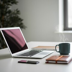 Fototapeta premium Modern workspace with a laptop, coffee, and notebook on a clean desk