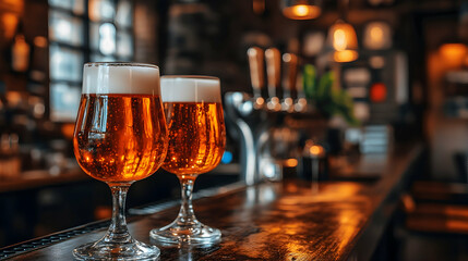 Naklejka premium Two glasses of beer on a bar counter, pub, restaurant, alcohol, drink, beverage