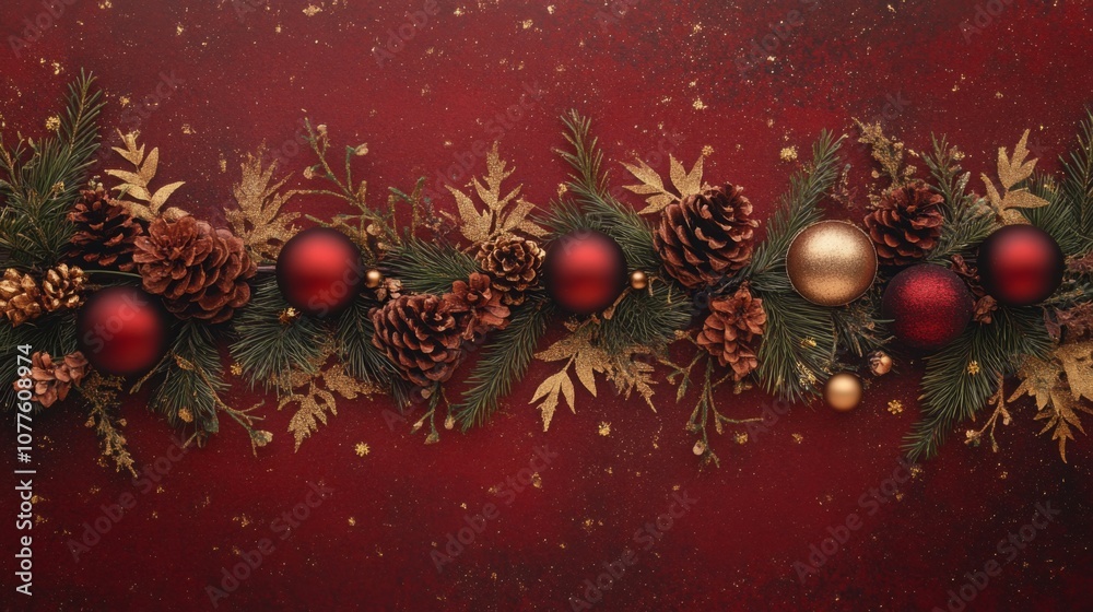Aufkleber festive holiday decorations feature deep red ornaments and natural pine cones arranged with golden a