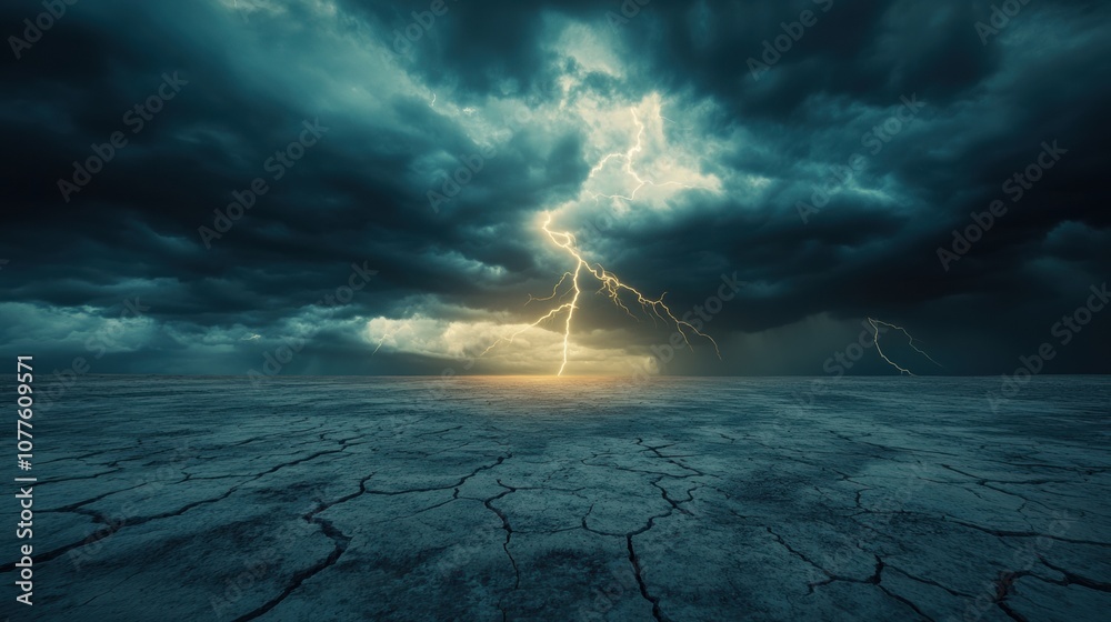 Aufkleber dark storm clouds gather over the cracked desert soil, while flashes of lightning light up the horiz
