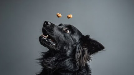 A black dog with a playful expression looks up at two treats that are floating in the air.