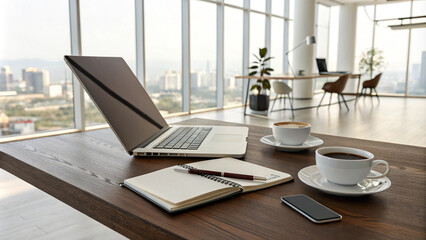 Modern workspace with a laptop, coffee, and notebook on a clean desk