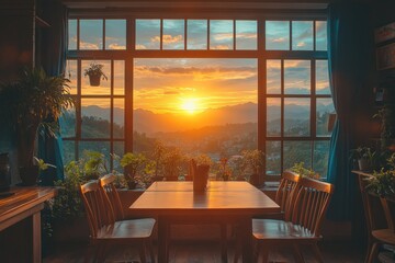 Obraz premium A wooden table with four chairs sits in front of a large window overlooking a stunning sunset over a mountain range.