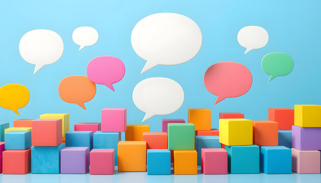 Speech bubbles and colorful cubes. Inclusive language concept isolated with white highlights, png