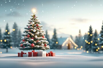 A Christmas tree with red and white ornaments sits in a snowy field