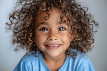 Portrait of a smiling mixed race girl with curly hair in blue shirt on white background