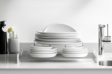 washed modern dishes stacked neatly on a drying rack by the sink.