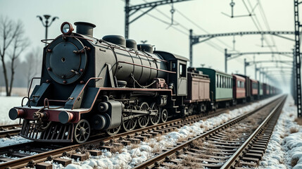 Naklejka premium A steam locomotive travels through a snowy landscape on a railway line during winter, creating a nostalgic atmosphere