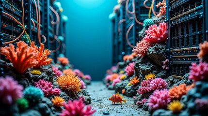 Fototapeta premium A vibrant underwater landscape with colorful corals and a small fish amidst digital server racks in a futuristic habitat