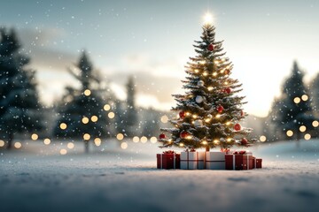 Obraz premium A Christmas tree with lights and ornaments sits in a snowy field