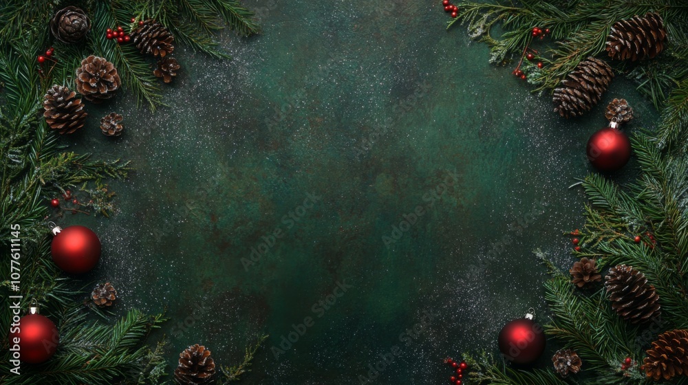 Aufkleber rich greenery surrounds shiny red ornaments and pinecones on a dark green surface, creating a vibran