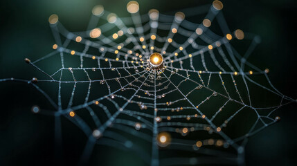 Obraz premium Close-up view of a dew-covered spider web glistening in the morning light, showcasing intricate patterns and droplets in a forest setting