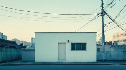 Low-angle shot of a minimalist modern small white building in Seoul, captured at sunrise with a long exposure. The architectural photograph highlights the sleek structure and single door design,