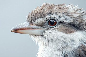 Fototapeta premium Close-up of a bird with intricate feathers and expressive eyes on a gray background, highlighting its detailed plumage and striking profile.