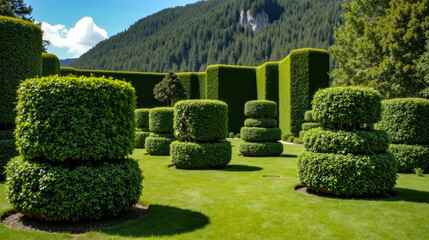 Lush green topiary garden in the mountains showcases intricate hedge designs under a clear blue sky during midday