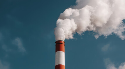 Industrial chimney emitting smoke against clear blue sky, showcasing environmental impact and air pollution concerns