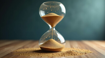 An hourglass sits on a wooden table, sand flowing from the top to the bottom, symbolizing the passage of time in a serene setting