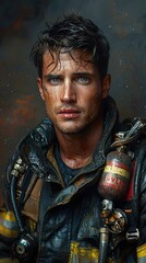 Fototapeta premium Portrait of a Firefighter: Courage and Determination in the Face of Danger