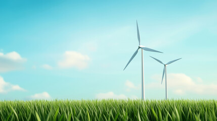 Green grass landscape with wind turbines under clear blue sky, symbolizing renewable energy and sustainability. scene evokes sense of tranquility and environmental awareness