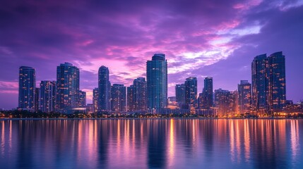Fototapeta premium City skyline with skyscrapers reflected in the water during a vibrant sunset.