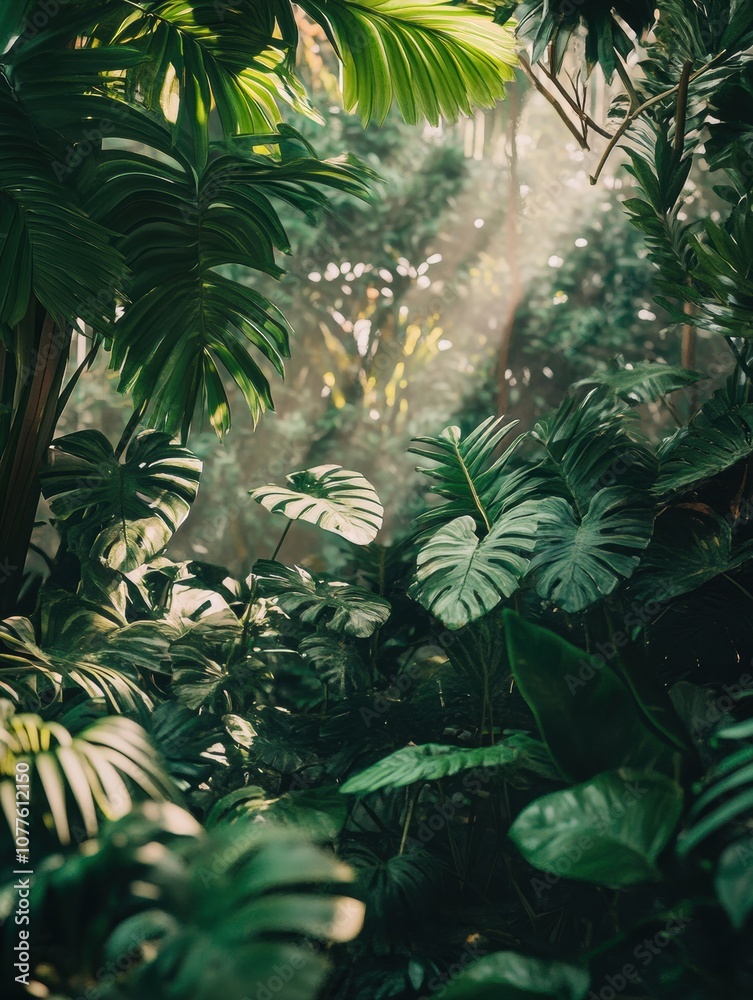 Aufkleber sunbeams shine through dense leaves in a tropical forest, highlighting the rich greenery and creatin